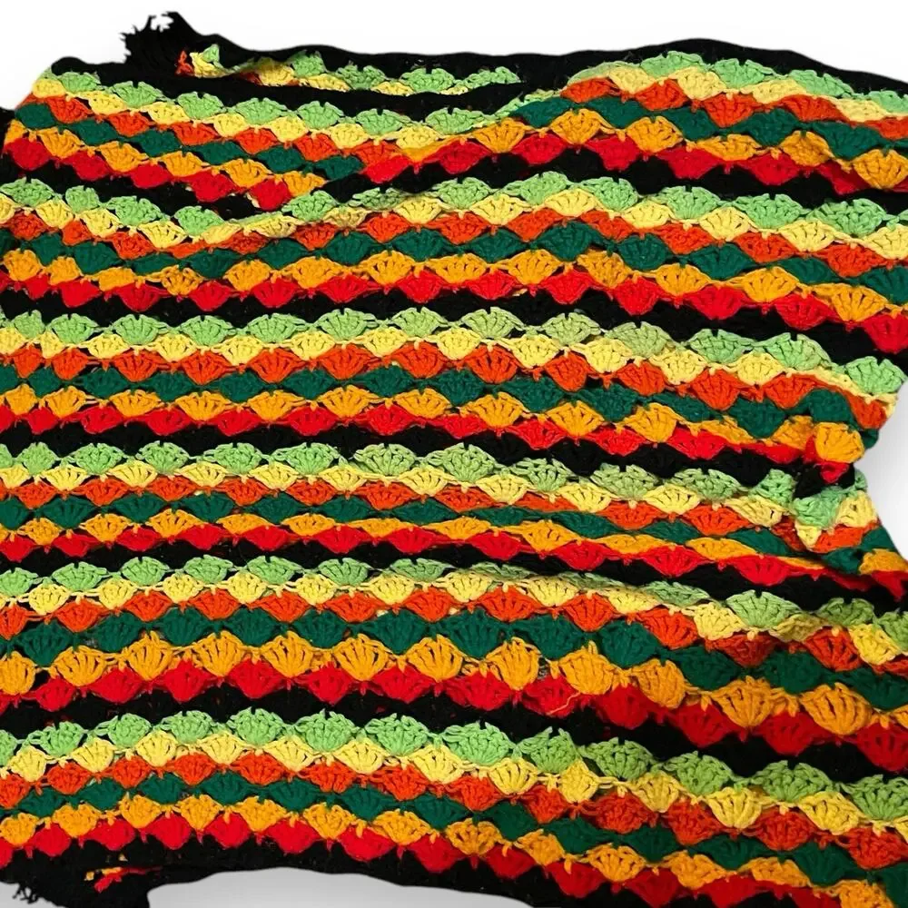 Crochet Throw Blanket Fringe Handmade Multicolored Cozy Gift Boho Decor Flawed